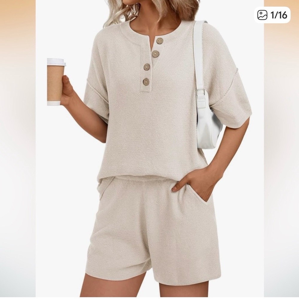 456 NWOTLillusory  Casual Waffle Knit Two-Piece Set in Beige
